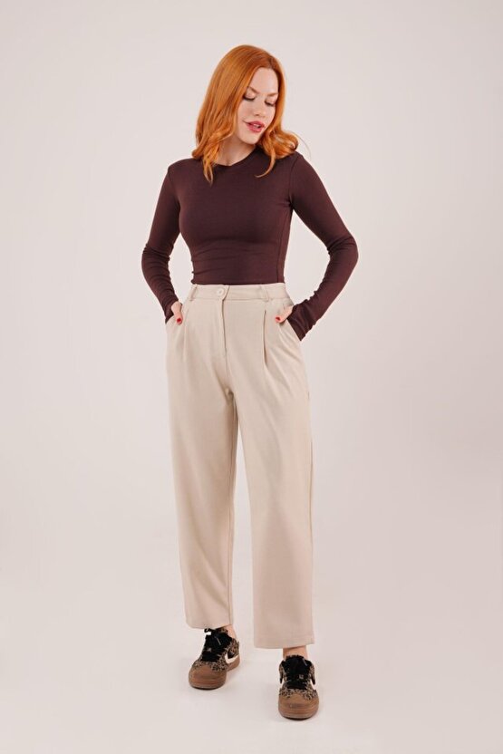 MODAVERA Kapama Cep Detaylı Krem Pantolon