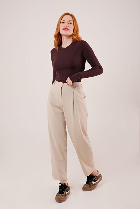 MODAVERA Kapama Cep Detaylı Krem Pantolon