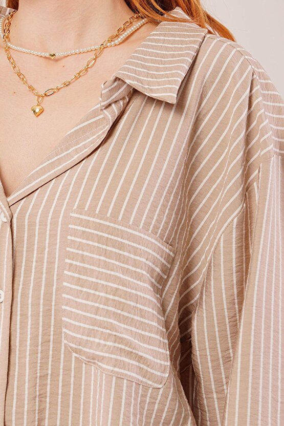 munn collection Çizgi Detaylı Cepli Camel Gömlek