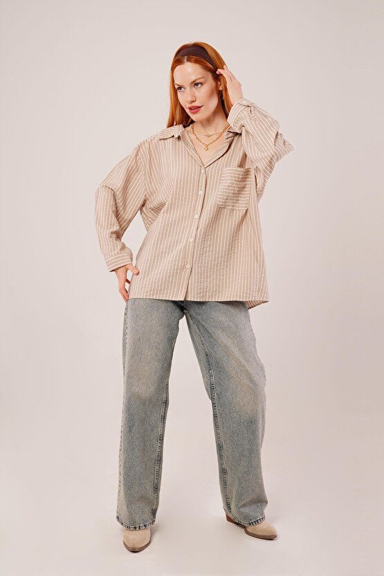 munn collection Çizgi Detaylı Cepli Camel Gömlek