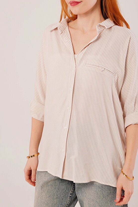 Cep Detay Çizgili Oversize Krem Gömlek