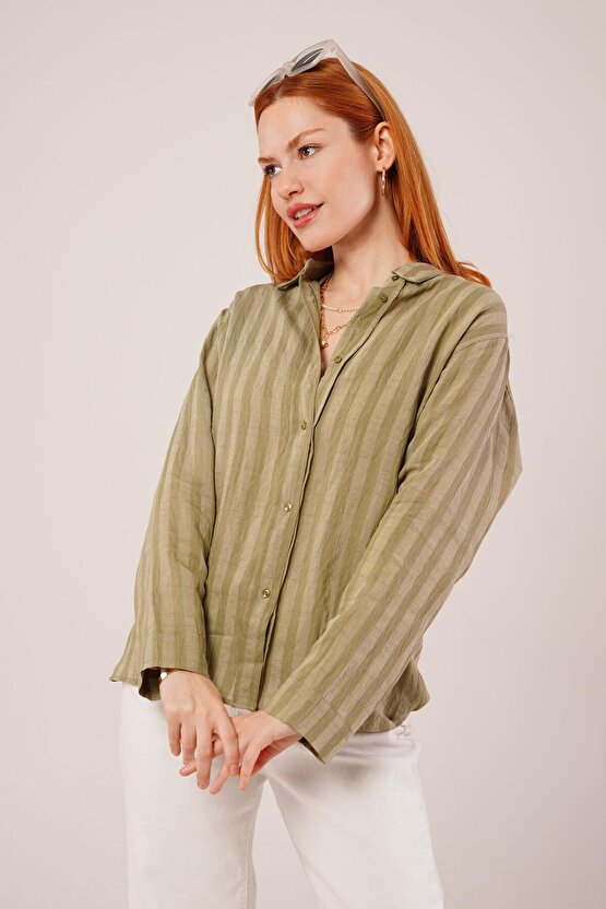 munn collection Düğmeli Ve Çizgi Detaylı Yeşil Gömlek