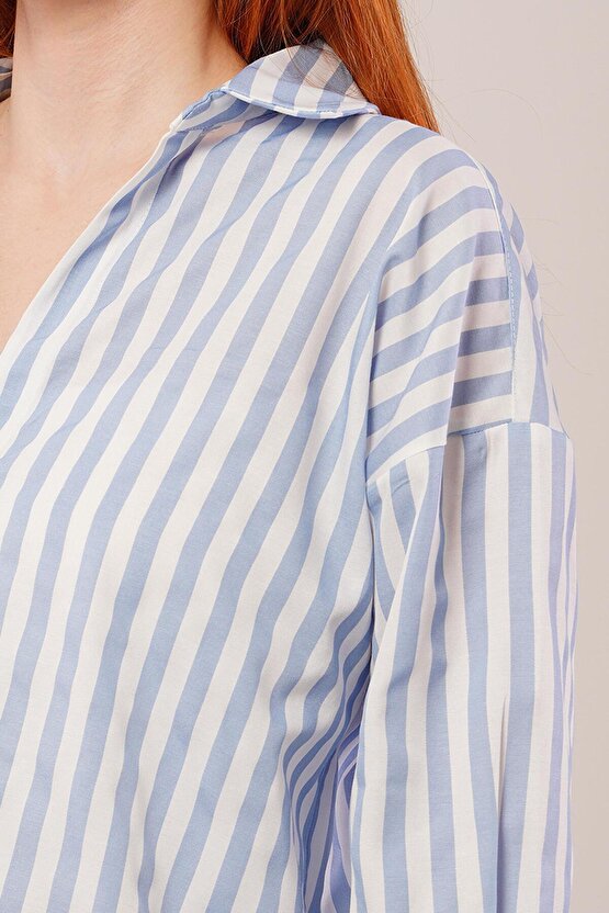 munn collection Çizgili Rahat Kesim Mavi Gömlek
