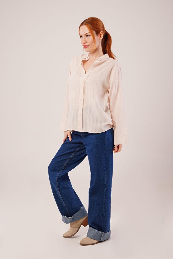 munn collection Düğmeli Ve Çizgi Detaylı Krem Gömlek