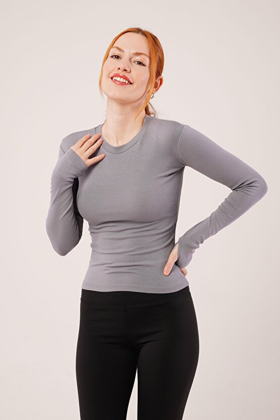 munn collection Uzun Kollu Basic Gri Bluz