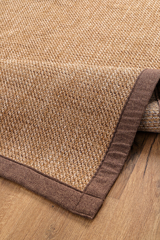 0604-Kahve Kumaş Bordür Sisal Jut Halı Kilim Hav Toz Vermez Kolay Temizlenen Hasır Kilim