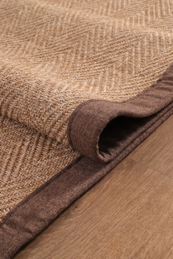 0503-Kahve Kumaş Bordür Sisal Halı Kilim Hav Toz Vermez Kolay Temizlenen Hasır Kilim