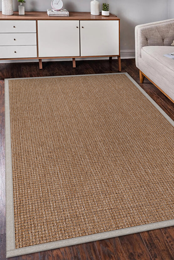 0465-Bej Kumaş Bordür Sisal Jut Halı Kilim Hav Toz Vermez Kolay Temizlenen Hasır Kilim