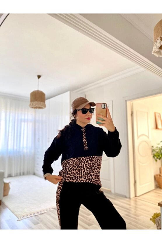 Kadın Uzun Kollu Leopar Detay weat Ve Yanı Leopar şerit Detay Pantolon Ikili Takım