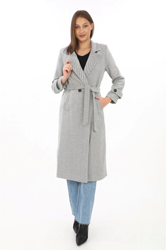 Astarlı Balık Sırtı Kaşmir Kaşe Kaban Gri