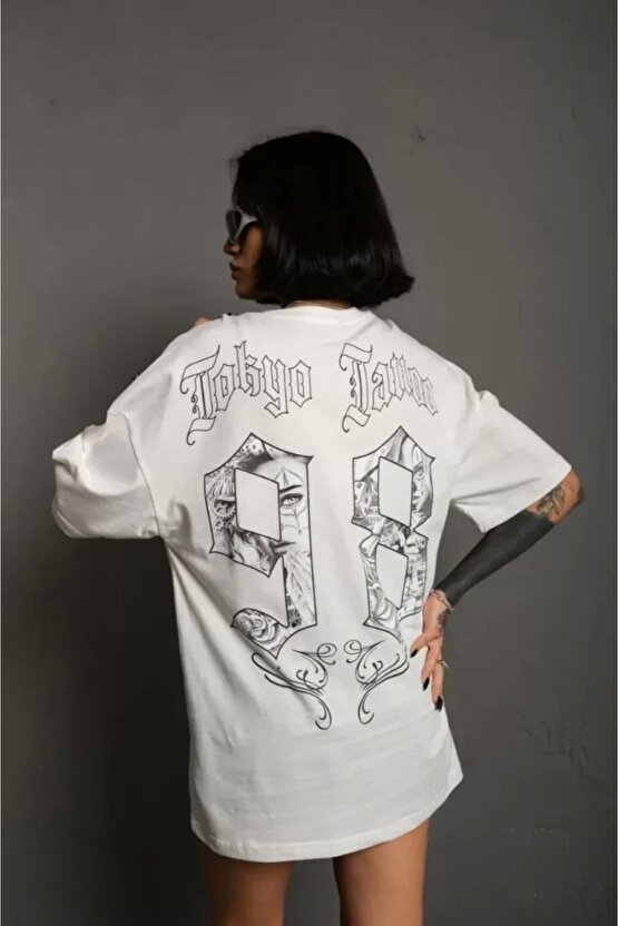 Unisex Bisiklet Yaka Baskılı Oversize Thirt  Beyaz