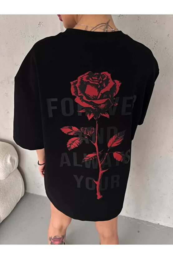 Unisex Bisiklet Yaka Baskılı Oversize Thirt iyah