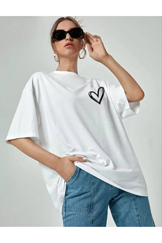 MDB Bisiklet Yaka Baskılı Oversize Thirt Beyaz