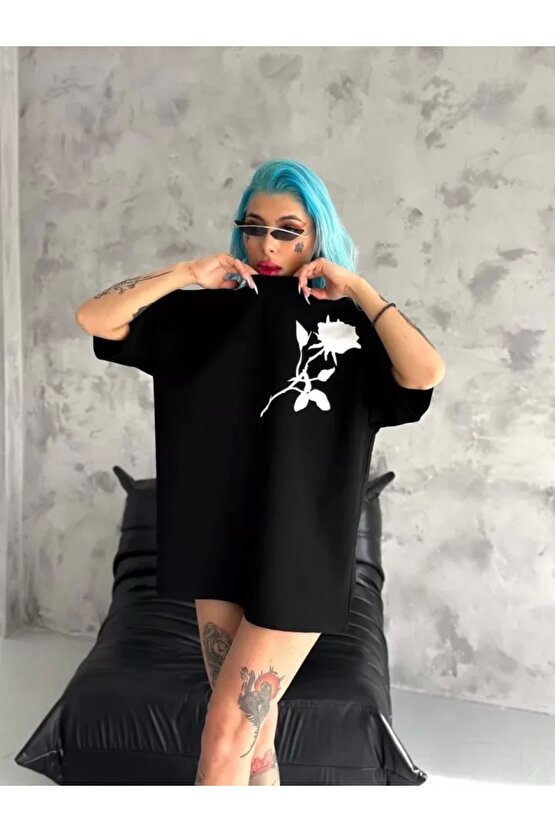 Unisex Bisiklet Yaka Baskılı Oversize Thirt  iyah