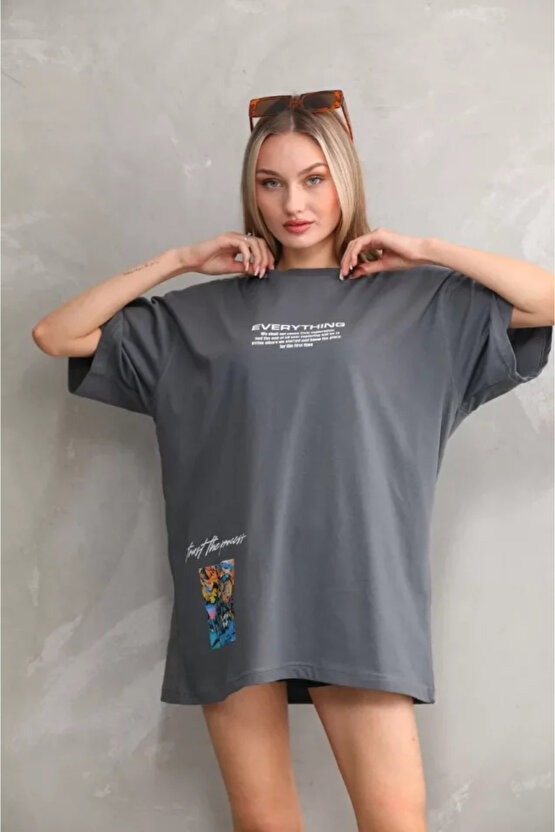 MDB Unisex Bisiklet Yaka Baskılı Oversize Thirt Gri