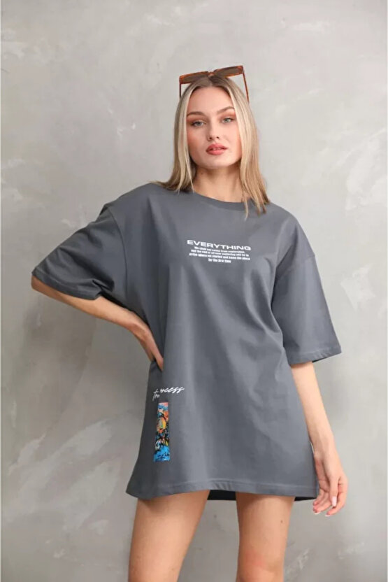 MDB Unisex Bisiklet Yaka Baskılı Oversize Thirt Gri