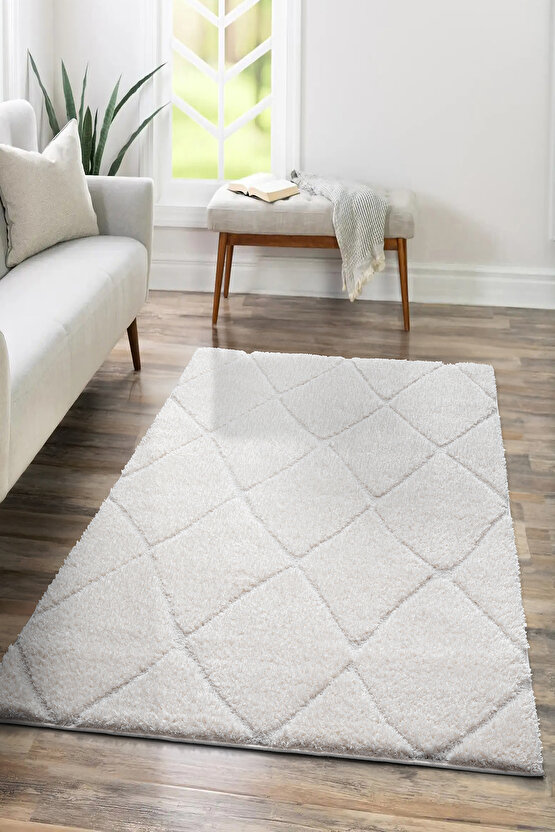 B109 Beyaz Kolay Kullanım Hav Toz Vermez Yumuşak Dokulu Uzun Tüylü Modern Shaggy Halı