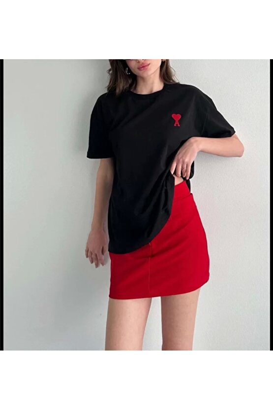 Unisex Bisiklet Yaka Baskılı Oversize Thirt  iyah