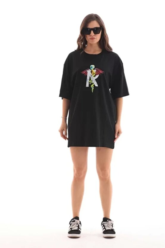 Unisex Bisiklet Yaka Baskılı Oversize Thirt  iyah