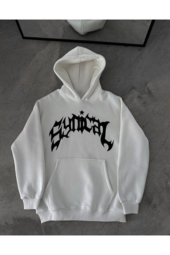 Edolika Üç İplik Kapşonlu Baskılı Oversize SweatShirt- Beyaz