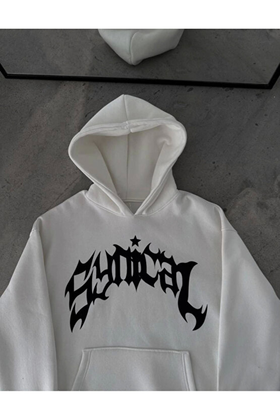 Edolika Üç İplik Kapşonlu Baskılı Oversize SweatShirt- Beyaz