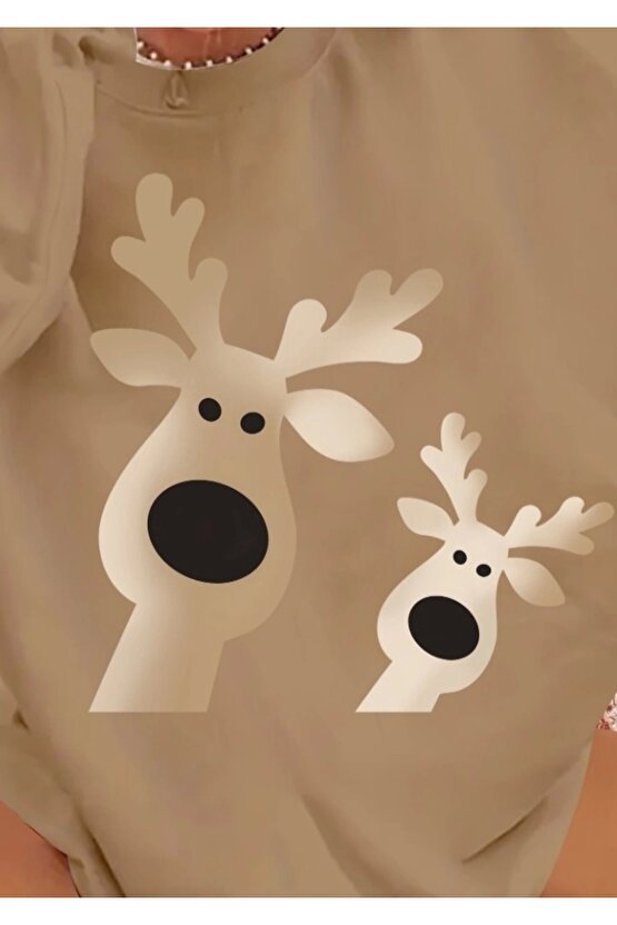 Kadın Uzun Kollu Bisiklet Yaka Geyik Desenli Viskon Iki Iplik Bluz