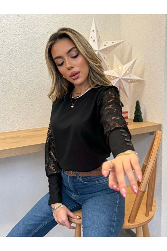 Kadın Uzun Kollu Bisiklet Yaka Kolları çiçekli Waffle Bluz