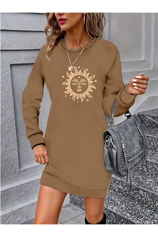 munn collection Kadın Uzun Kollu Bisiklet Yaka Güneş Desenli Viskon Iki Iplik Elbise