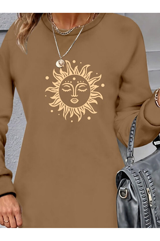 munn collection Kadın Uzun Kollu Bisiklet Yaka Güneş Desenli Viskon Iki Iplik Elbise