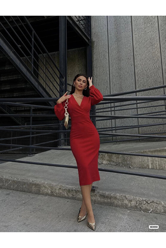 MDB Kadın Kruvaze Yaka Balon Kol imli Krep Kumaş idi Boy Elbise