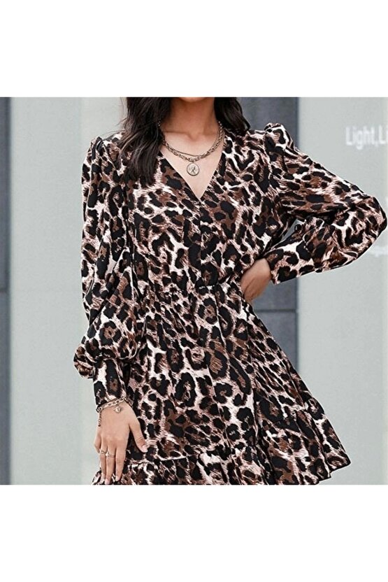 MDB Kadın Uzun Kollu Beli astikli Etek Ucu Volanlı eopar Desen Krep Elbise