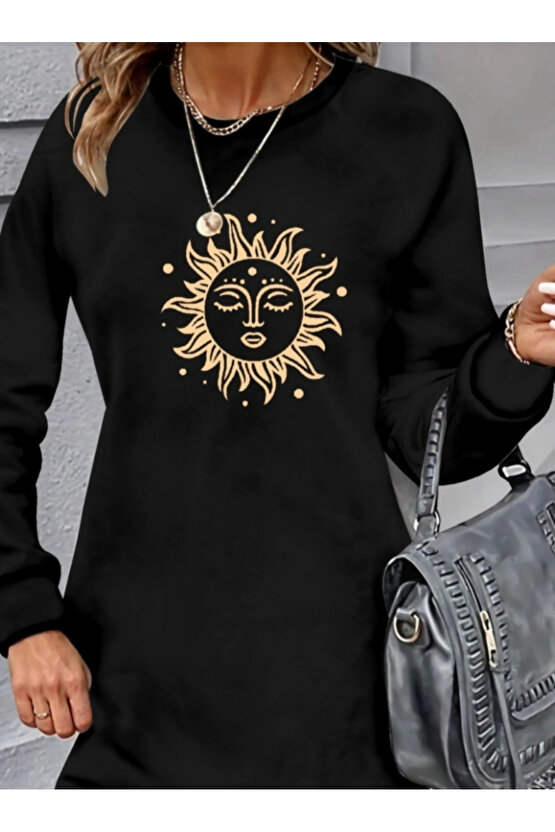 Kadın Uzun Kollu Bisiklet Yaka Güneş Desenli Viskon Iki Iplik Elbise