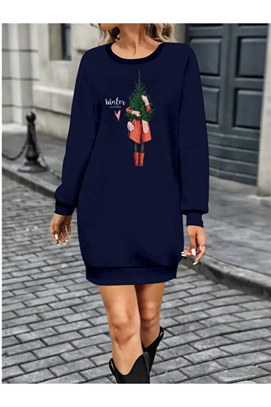 munn collection Kadın Uzun Kollu Bisiklet Yaka Desenli Kısa Viskon Iki Iplik Elbise