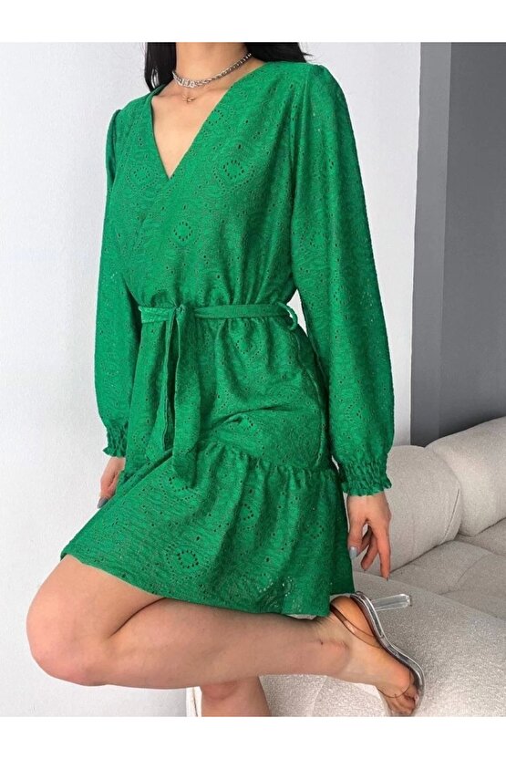 Kadın Fırsat ürünü Kruvaze Yaka Güpürlü ini Elbise