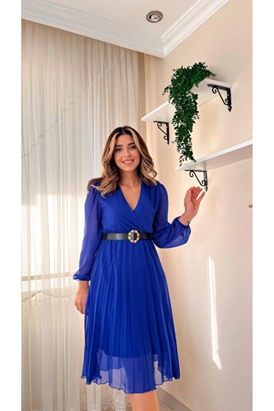 MDB Kadın şifon Kumaş Astalı Kloş Kesim Kruvaze Yaka idi Boy Elbise