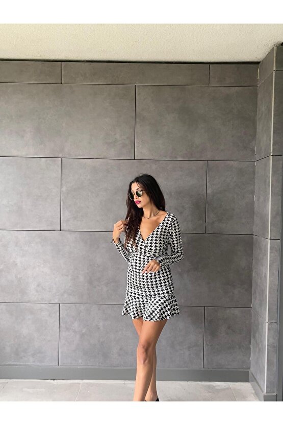 Kadın Uzun Kollu Kruvaze Yaka Kazayağı Mikro Mini Boy Elbise