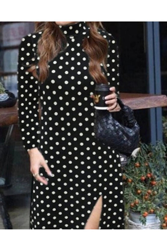 MDB Kadın Uzun Kollu Balıkçı Yaka Yırtmaçlı Krep Elbise