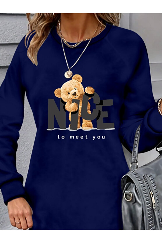 Turega Style Kadın Uzun Kollu Bisiklet Yaka Ayı Desenli Viskon Iki Iplik Elbise