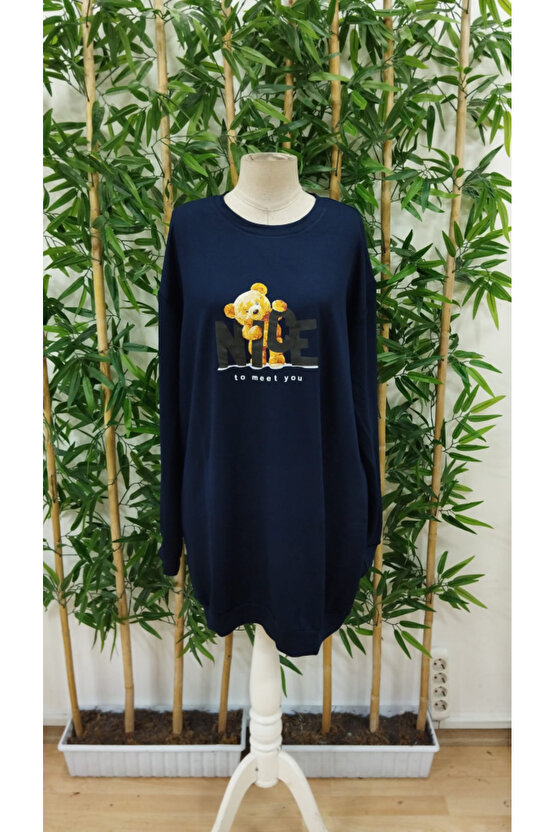 Turega Style Kadın Uzun Kollu Bisiklet Yaka Ayı Desenli Viskon Iki Iplik Elbise