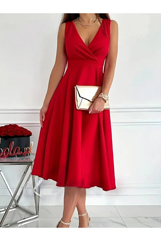 munn collection Kadın Ithal Krep Kumaş Kruvaze Yaka Eteği Kloş Kolsuz Mini Elbise