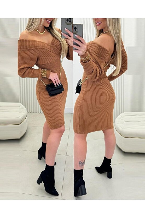 Kadın Uzun Kollu Omuzlardan Açık Kruvaze Yaka Kısa Triko Elbise