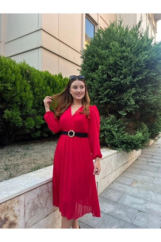 Kadın şifon Kumaş Astalı Kloş Kesim Kruvaze Yaka idi Boy Elbise