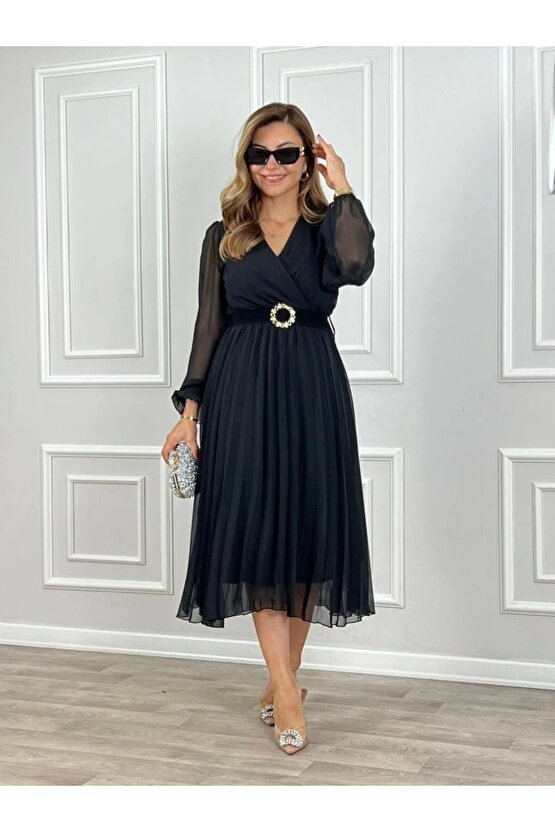 Kadın şifon Kumaş Astalı Kloş Kesim Kruvaze Yaka idi Boy Elbise