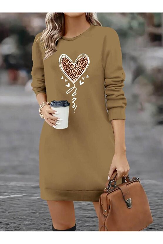 Kadın Uzun Kollu Bisiklet Yaka Kalp Desenli Kısa Viskon Elbise
