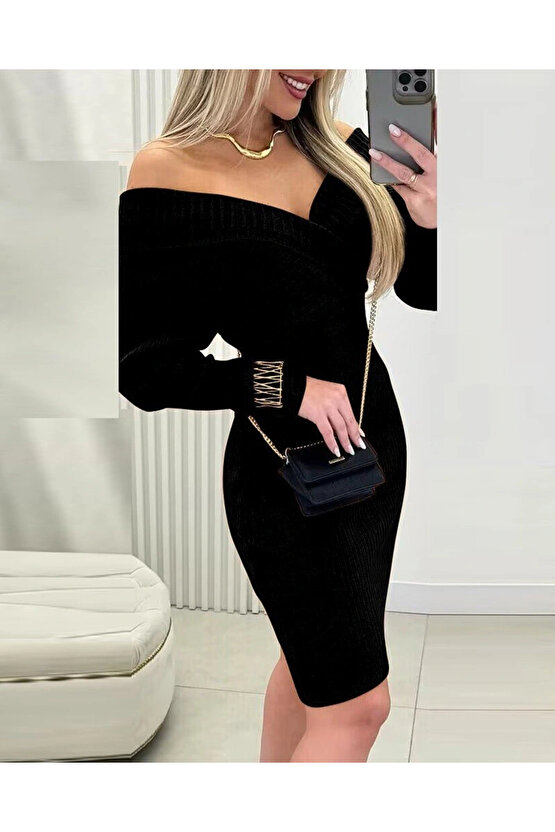 MDB Kadın Uzun Kollu Omuzlardan Açık Kruvaze Yaka Kısa Triko Elbise