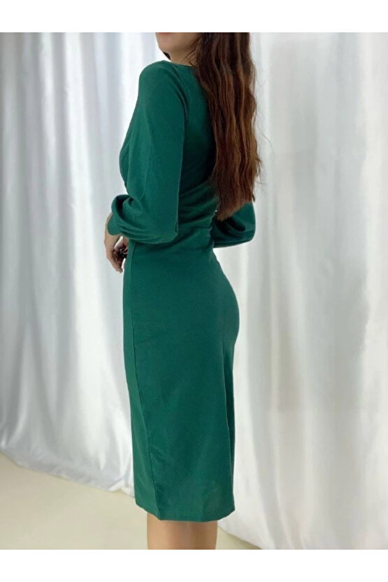 MDB Kadın Kruvaze Yaka Balon Kol idi Boy Elbise