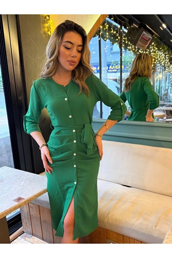 Kadın Uzun Kollu önden Düğmeli Beli Kuşaklı Aerobin Midi Elbise