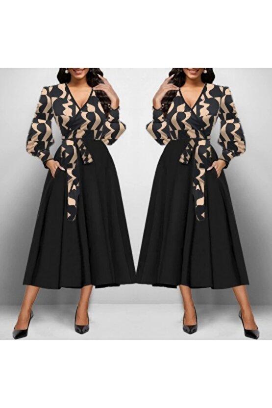 Kadın Uzun Kollu Kruvaze Yaka Dalgıç Krep Midi Boy Elbise