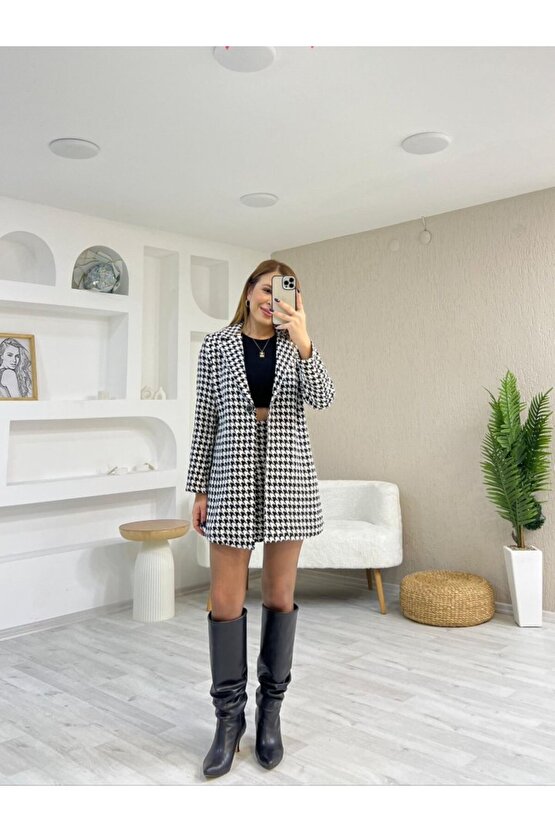 Kadın Kazayağı Desen Vatka Detay Kaban Ve Yüksek Bel Etek Ikili Takım