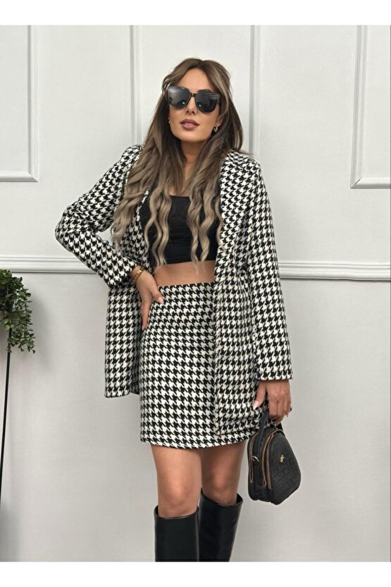 Kadın Kazayağı Desen Vatka Detay Kaban Ve Yüksek Bel Etek Ikili Takım